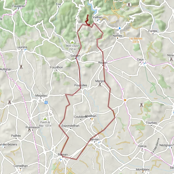 Miniature de la carte de l'inspiration cycliste "Les collines de l'arrière-pays" dans la Languedoc-Roussillon, France. Générée par le planificateur d'itinéraire cycliste Tarmacs.app