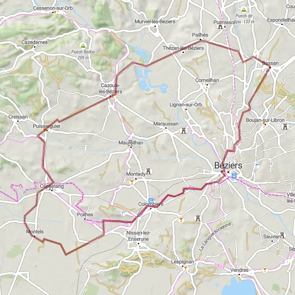 Miniature de la carte de l'inspiration cycliste "Tour des Étangs" dans la Languedoc-Roussillon, France. Générée par le planificateur d'itinéraire cycliste Tarmacs.app