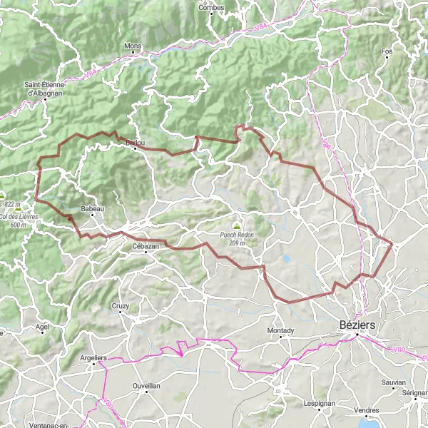 Miniature de la carte de l'inspiration cycliste "L'aventure dans les collines sauvages" dans la Languedoc-Roussillon, France. Générée par le planificateur d'itinéraire cycliste Tarmacs.app