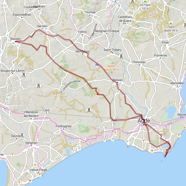 Map miniature of "Gravel Excursion to Servian" cycling inspiration in Languedoc-Roussillon, France. Generated by Tarmacs.app cycling route planner