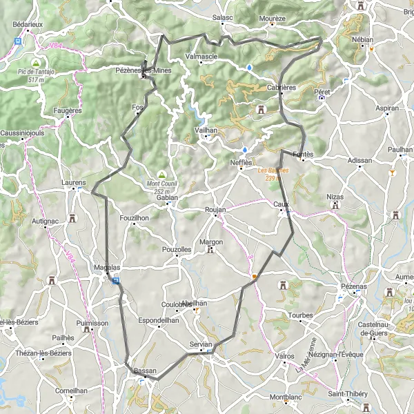 Map miniature of "The Scenic Road Escape" cycling inspiration in Languedoc-Roussillon, France. Generated by Tarmacs.app cycling route planner