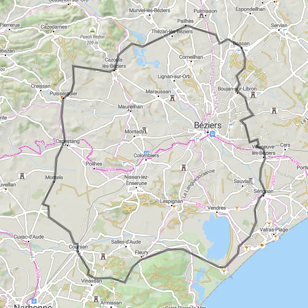 Miniature de la carte de l'inspiration cycliste "Les Collines de l'Hérault" dans la Languedoc-Roussillon, France. Générée par le planificateur d'itinéraire cycliste Tarmacs.app