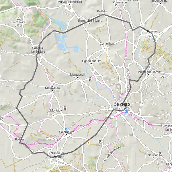 Miniature de la carte de l'inspiration cycliste "Escapade dans l'arrière-pays" dans la Languedoc-Roussillon, France. Générée par le planificateur d'itinéraire cycliste Tarmacs.app