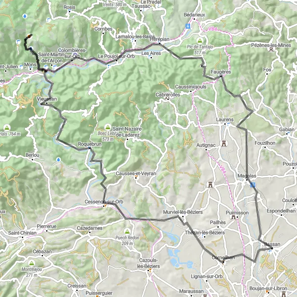 Miniature de la carte de l'inspiration cycliste "Les sommets et vallées de la région" dans la Languedoc-Roussillon, France. Générée par le planificateur d'itinéraire cycliste Tarmacs.app