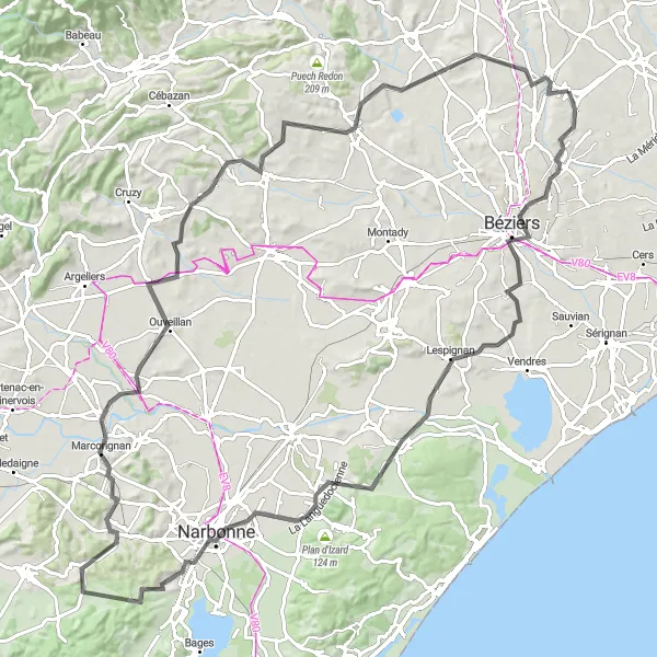 Miniature de la carte de l'inspiration cycliste "Le Tour des Corbières" dans la Languedoc-Roussillon, France. Générée par le planificateur d'itinéraire cycliste Tarmacs.app
