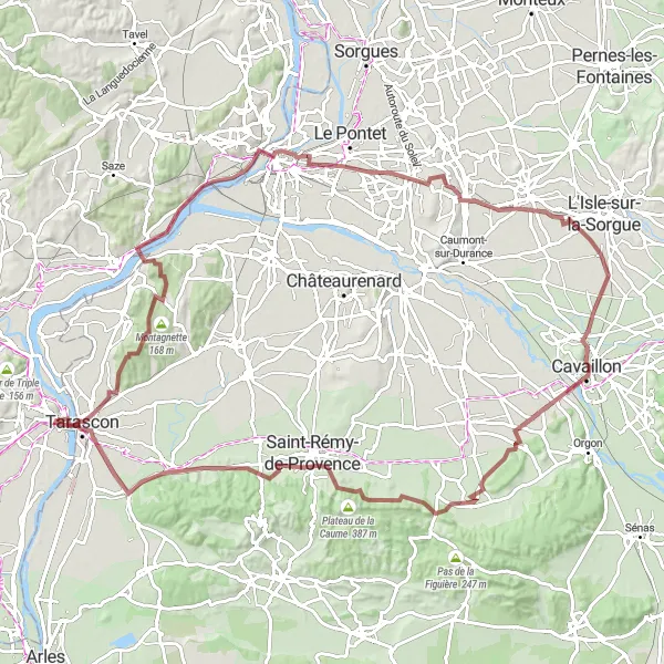 Map miniature of "Epic Gravel Journey through Avignon and Les Baux-de-Provence" cycling inspiration in Languedoc-Roussillon, France. Generated by Tarmacs.app cycling route planner