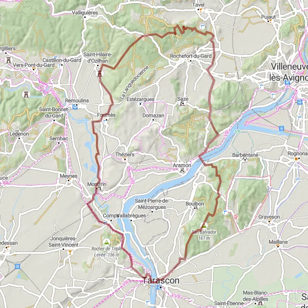 Map miniature of "Gravel Adventure through Montagnette" cycling inspiration in Languedoc-Roussillon, France. Generated by Tarmacs.app cycling route planner