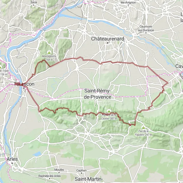 Map miniature of "Epic Gravel Adventure to Les Baux-de-Provence" cycling inspiration in Languedoc-Roussillon, France. Generated by Tarmacs.app cycling route planner