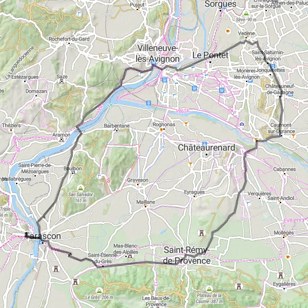 Map miniature of "Road Cycling Route to Tarascon and Beaucaire" cycling inspiration in Languedoc-Roussillon, France. Generated by Tarmacs.app cycling route planner