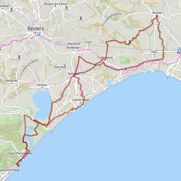 Miniature de la carte de l'inspiration cycliste "Escapade dans le Pays Cathare" dans la Languedoc-Roussillon, France. Générée par le planificateur d'itinéraire cycliste Tarmacs.app