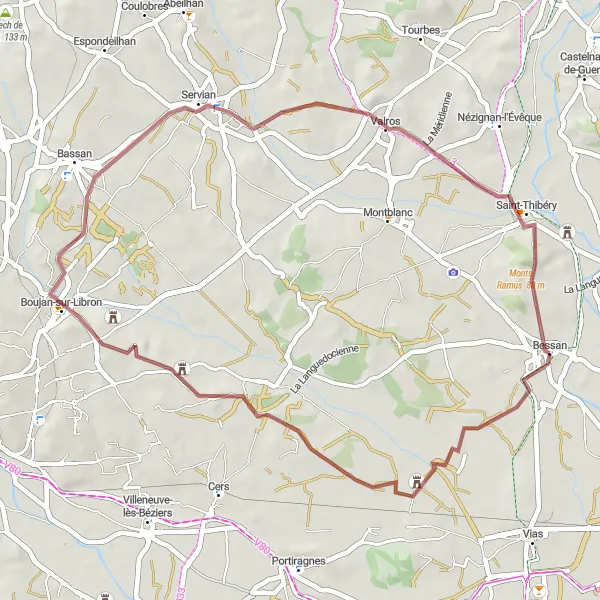 Miniature de la carte de l'inspiration cycliste "Escapade Campagnarde" dans la Languedoc-Roussillon, France. Générée par le planificateur d'itinéraire cycliste Tarmacs.app