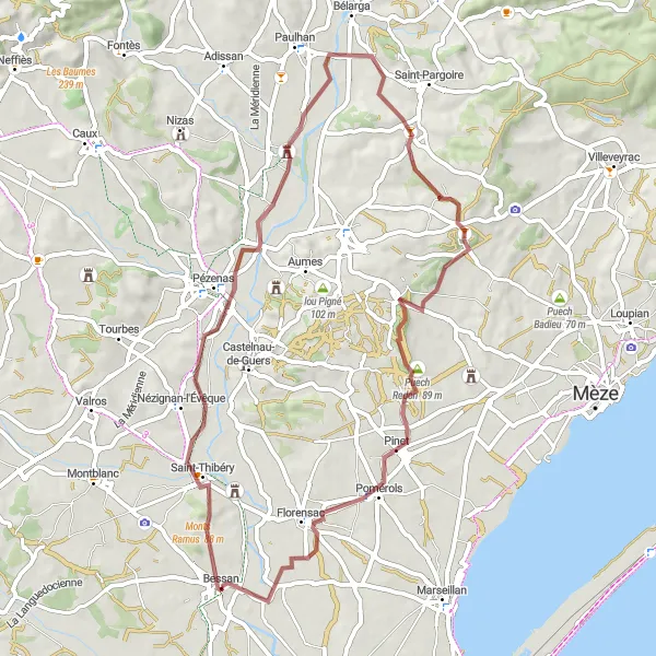 Map miniature of "Countryside Gravel Loop" cycling inspiration in Languedoc-Roussillon, France. Generated by Tarmacs.app cycling route planner