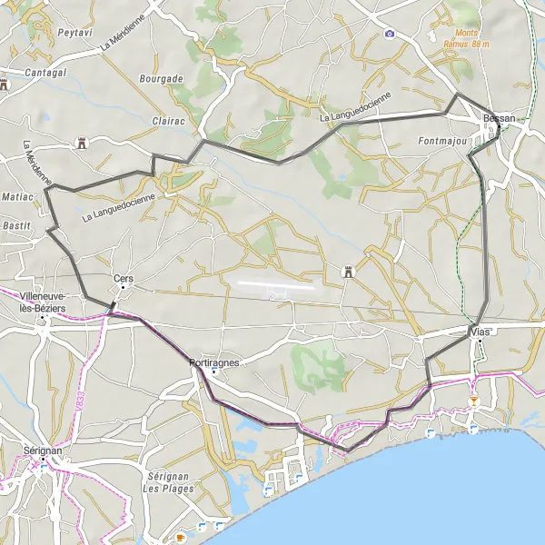 Map miniature of "Road: Vias to Bessan" cycling inspiration in Languedoc-Roussillon, France. Generated by Tarmacs.app cycling route planner