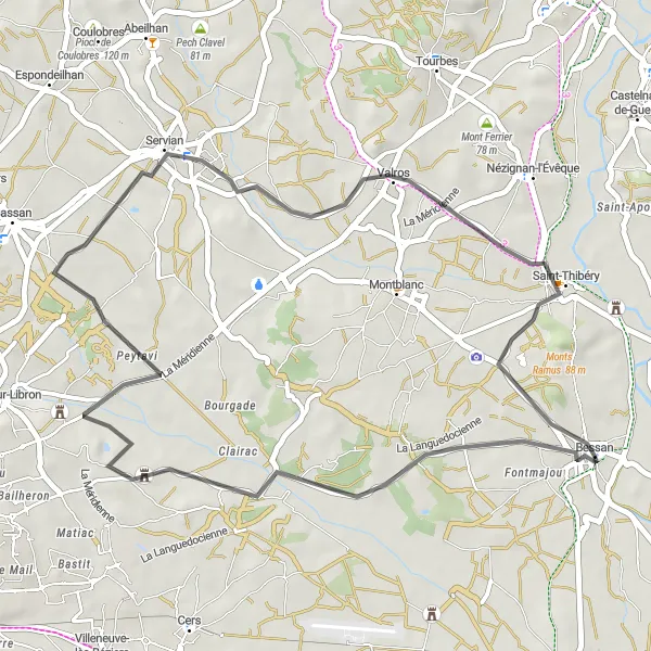 Miniature de la carte de l'inspiration cycliste "Tour des Vignobles et des Fortifications" dans la Languedoc-Roussillon, France. Générée par le planificateur d'itinéraire cycliste Tarmacs.app