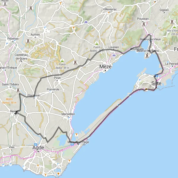 Map miniature of "The Vineyards and Coastal Towns" cycling inspiration in Languedoc-Roussillon, France. Generated by Tarmacs.app cycling route planner