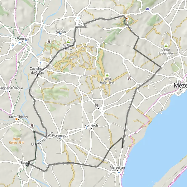 Map miniature of "Road: Pioch Garès to Bessan" cycling inspiration in Languedoc-Roussillon, France. Generated by Tarmacs.app cycling route planner