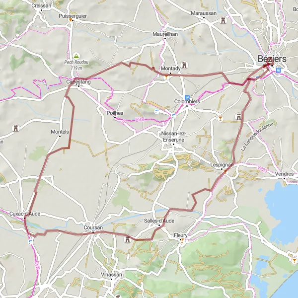 Miniature de la carte de l'inspiration cycliste "Capestang Explorer" dans la Languedoc-Roussillon, France. Générée par le planificateur d'itinéraire cycliste Tarmacs.app