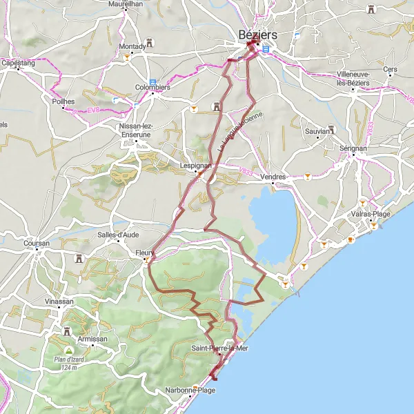 Miniature de la carte de l'inspiration cycliste "Tour en Gravel de Béziers à Belvédère de la Pente d'Eau" dans la Languedoc-Roussillon, France. Générée par le planificateur d'itinéraire cycliste Tarmacs.app