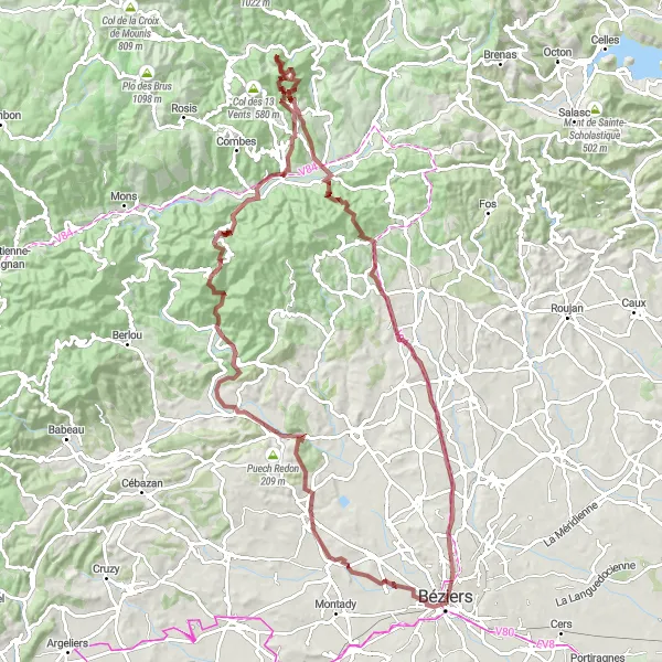 Miniature de la carte de l'inspiration cycliste "Lamalou-les-Bains Challenge" dans la Languedoc-Roussillon, France. Générée par le planificateur d'itinéraire cycliste Tarmacs.app