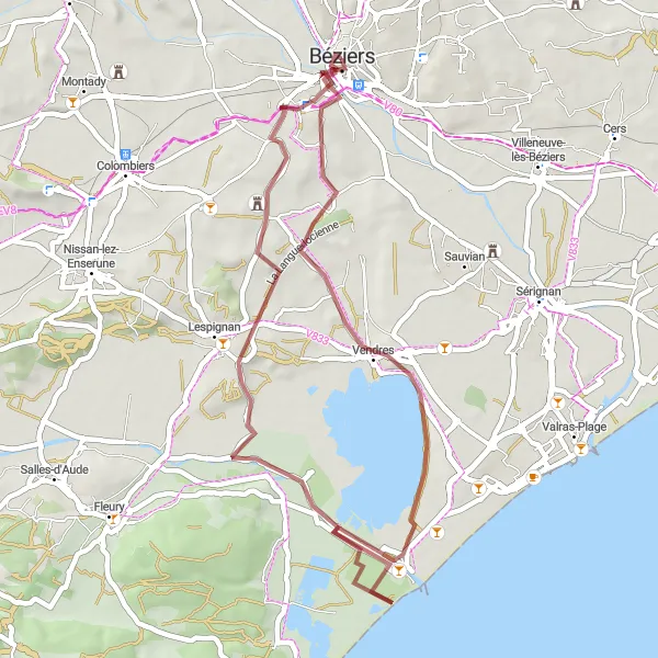 Map miniature of "Coastal Escape" cycling inspiration in Languedoc-Roussillon, France. Generated by Tarmacs.app cycling route planner