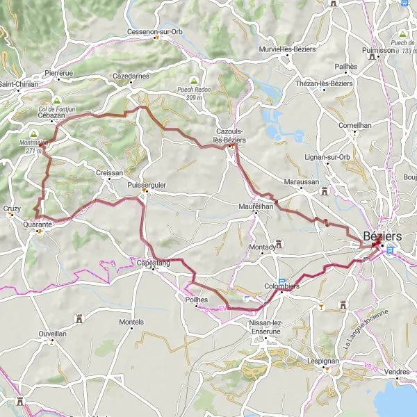 Map miniature of "Explore the Vineyards of Béziers" cycling inspiration in Languedoc-Roussillon, France. Generated by Tarmacs.app cycling route planner