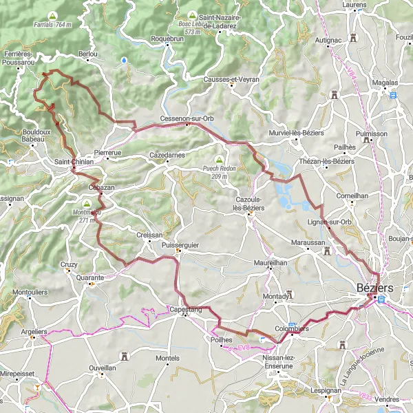 Map miniature of "Gravel Adventure near Béziers" cycling inspiration in Languedoc-Roussillon, France. Generated by Tarmacs.app cycling route planner