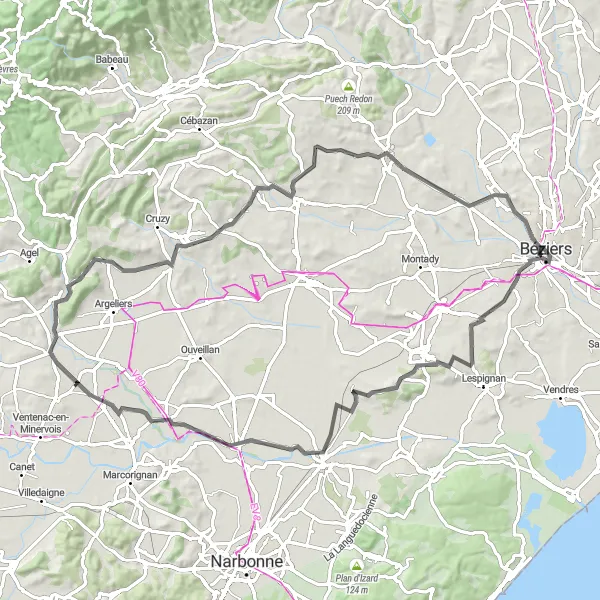 Miniature de la carte de l'inspiration cycliste "Parcours Routier de Béziers à Puech de la Pieule" dans la Languedoc-Roussillon, France. Générée par le planificateur d'itinéraire cycliste Tarmacs.app