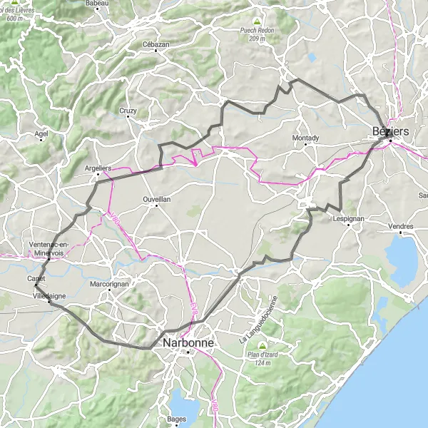 Miniature de la carte de l'inspiration cycliste "Boucle à Vélo de Béziers à Puech de la Pieule" dans la Languedoc-Roussillon, France. Générée par le planificateur d'itinéraire cycliste Tarmacs.app