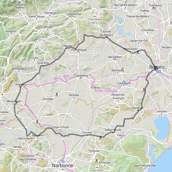 Map miniature of "Château Tour around Béziers" cycling inspiration in Languedoc-Roussillon, France. Generated by Tarmacs.app cycling route planner