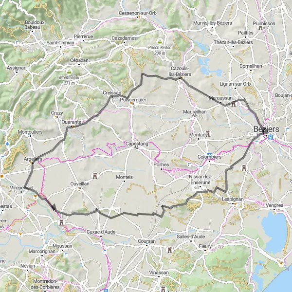 Miniature de la carte de l'inspiration cycliste "Tour à Vélo de Béziers à Maraussan" dans la Languedoc-Roussillon, France. Générée par le planificateur d'itinéraire cycliste Tarmacs.app