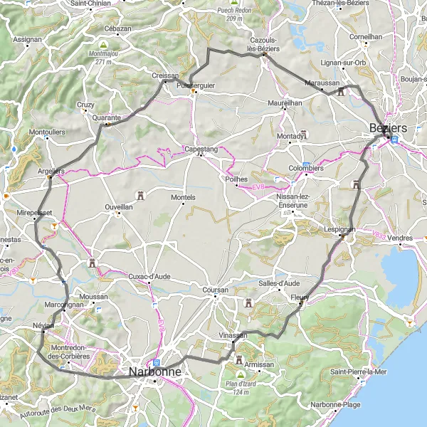 Map miniature of "Scenic Tour of Béziers and Narbonne" cycling inspiration in Languedoc-Roussillon, France. Generated by Tarmacs.app cycling route planner