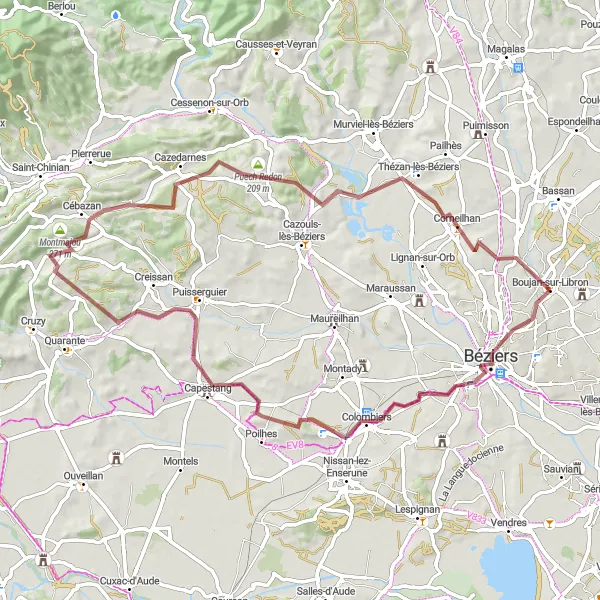 Miniature de la carte de l'inspiration cycliste "Les collines et vallées de l'arrière-pays" dans la Languedoc-Roussillon, France. Générée par le planificateur d'itinéraire cycliste Tarmacs.app