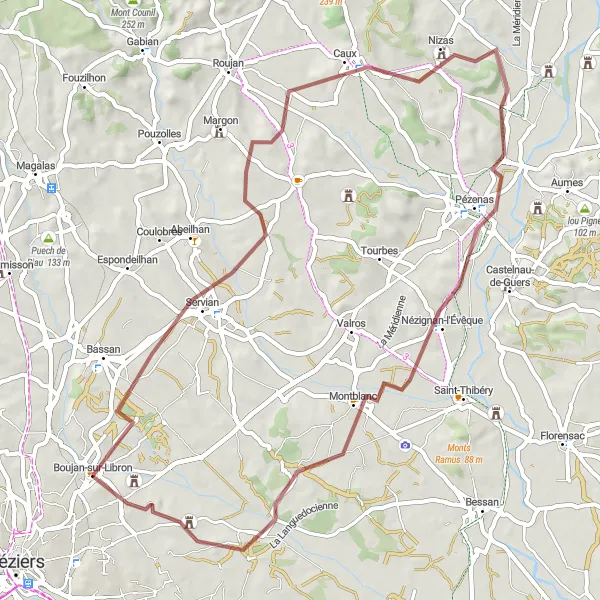 Map miniature of "Discover Hidden Gravel Gems" cycling inspiration in Languedoc-Roussillon, France. Generated by Tarmacs.app cycling route planner