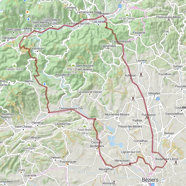 Map miniature of "Off-Road Adventure in Boujan-sur-Libron" cycling inspiration in Languedoc-Roussillon, France. Generated by Tarmacs.app cycling route planner