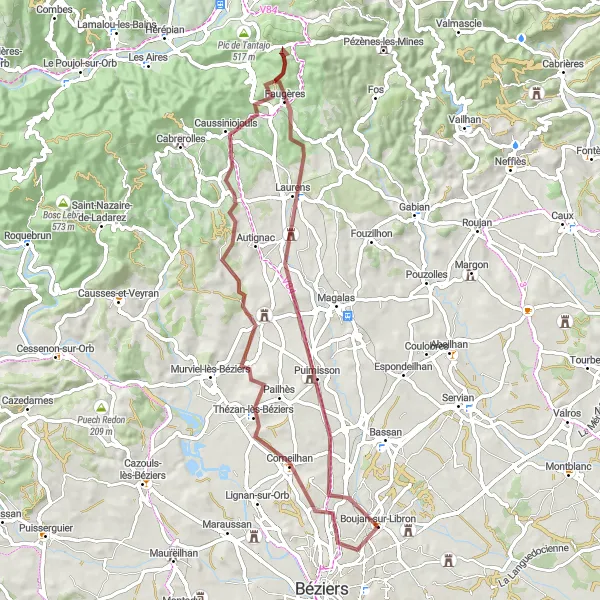 Miniature de la carte de l'inspiration cycliste "Les Chemins Gravel de l'Hérault" dans la Languedoc-Roussillon, France. Générée par le planificateur d'itinéraire cycliste Tarmacs.app