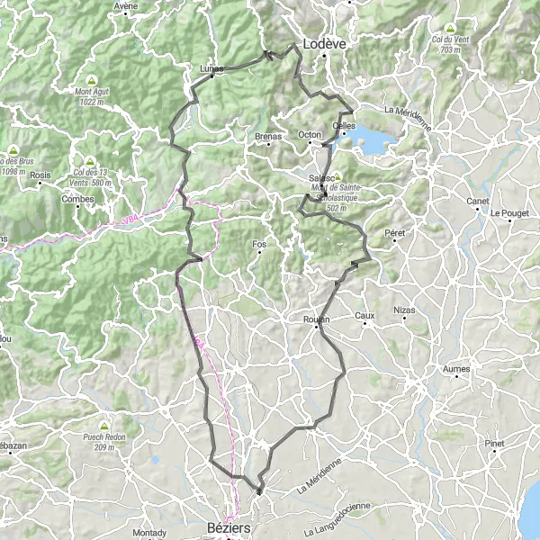 Miniature de la carte de l'inspiration cycliste "Boucle des Montagnes de l'Hérault" dans la Languedoc-Roussillon, France. Générée par le planificateur d'itinéraire cycliste Tarmacs.app