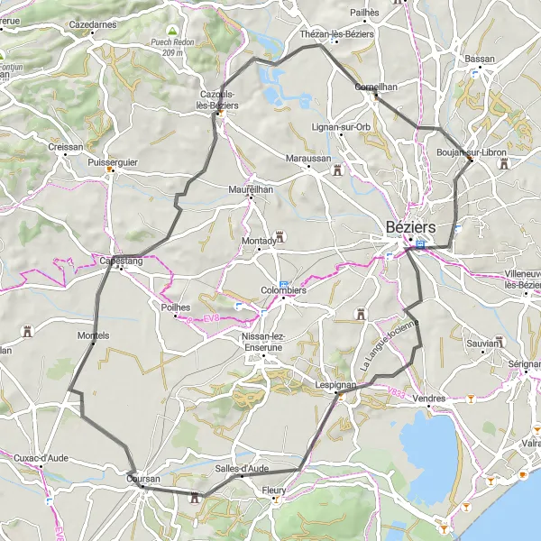 Miniature de la carte de l'inspiration cycliste "Parcours des Villages de l'Aude" dans la Languedoc-Roussillon, France. Générée par le planificateur d'itinéraire cycliste Tarmacs.app