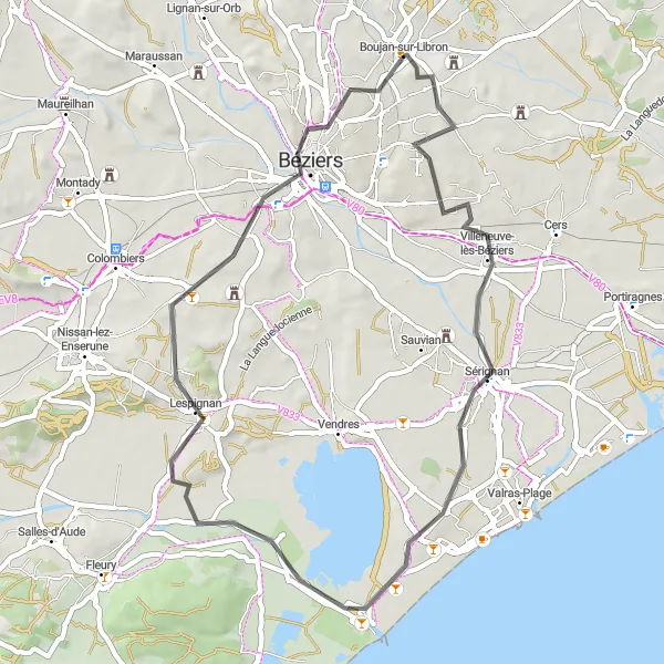 Map miniature of "Coastal Beauty and Historic Towns" cycling inspiration in Languedoc-Roussillon, France. Generated by Tarmacs.app cycling route planner
