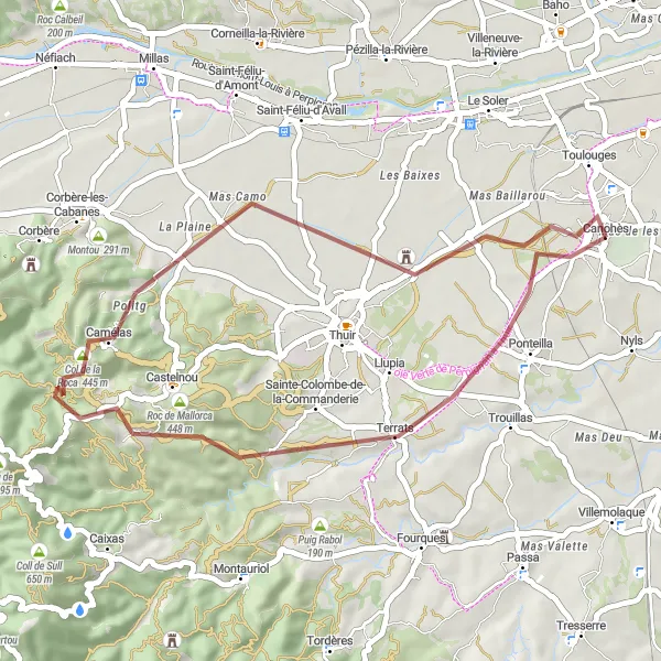 Map miniature of "Ponteilla to Camélas Gravel Loop" cycling inspiration in Languedoc-Roussillon, France. Generated by Tarmacs.app cycling route planner