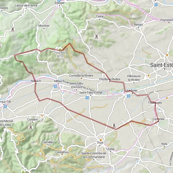 Map miniature of "Néfiach Gravel Loop" cycling inspiration in Languedoc-Roussillon, France. Generated by Tarmacs.app cycling route planner