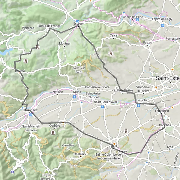 Map miniature of "Thuir to Col de la Dona via Ille-sur-Têt" cycling inspiration in Languedoc-Roussillon, France. Generated by Tarmacs.app cycling route planner