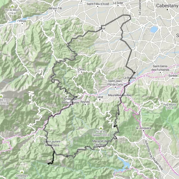 Map miniature of "Pyrenean Adventure" cycling inspiration in Languedoc-Roussillon, France. Generated by Tarmacs.app cycling route planner
