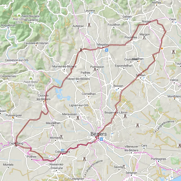Map miniature of "Béziers Countryside Gravel Tour" cycling inspiration in Languedoc-Roussillon, France. Generated by Tarmacs.app cycling route planner