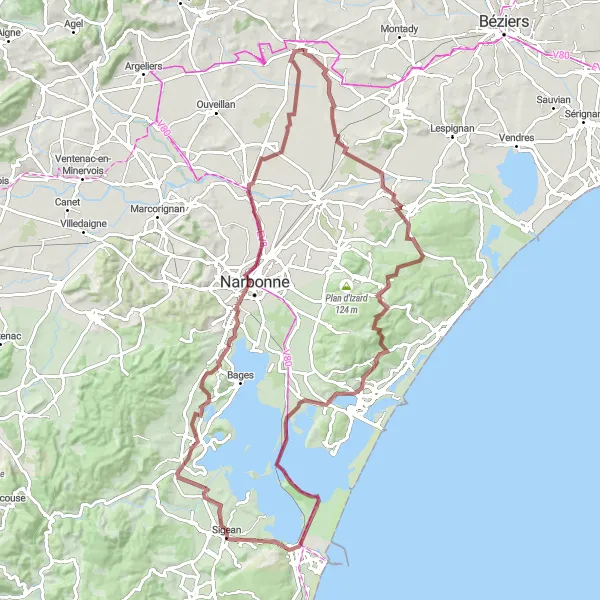 Map miniature of "Capestang Gravel Adventure" cycling inspiration in Languedoc-Roussillon, France. Generated by Tarmacs.app cycling route planner
