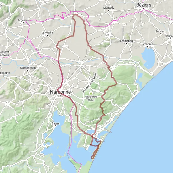 Map miniature of "Exploring the Coastal Trails" cycling inspiration in Languedoc-Roussillon, France. Generated by Tarmacs.app cycling route planner