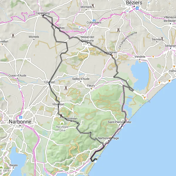 Map miniature of "Coastal Beauty: Capestang to Saint-Pierre-la-Mer" cycling inspiration in Languedoc-Roussillon, France. Generated by Tarmacs.app cycling route planner