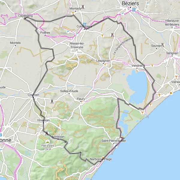 Map miniature of "Etang de Montady Loop - Road" cycling inspiration in Languedoc-Roussillon, France. Generated by Tarmacs.app cycling route planner
