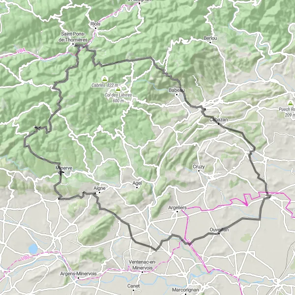 Map miniature of "Legendary Climbs: Conquering the Languedoc Mountains" cycling inspiration in Languedoc-Roussillon, France. Generated by Tarmacs.app cycling route planner