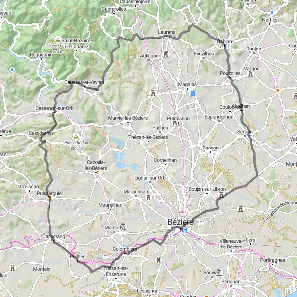 Map miniature of "Climbing the Hills: Béziers and Beyond" cycling inspiration in Languedoc-Roussillon, France. Generated by Tarmacs.app cycling route planner