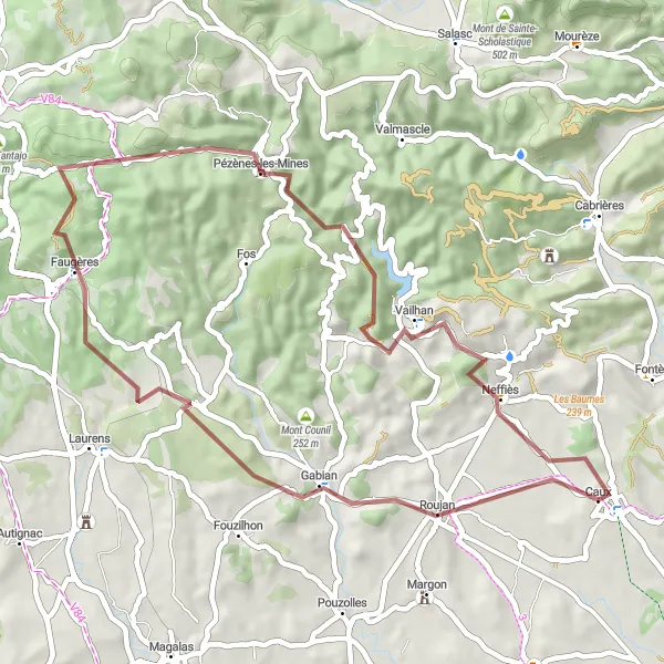 Miniature de la carte de l'inspiration cycliste "Aventure autour de Gabian" dans la Languedoc-Roussillon, France. Générée par le planificateur d'itinéraire cycliste Tarmacs.app